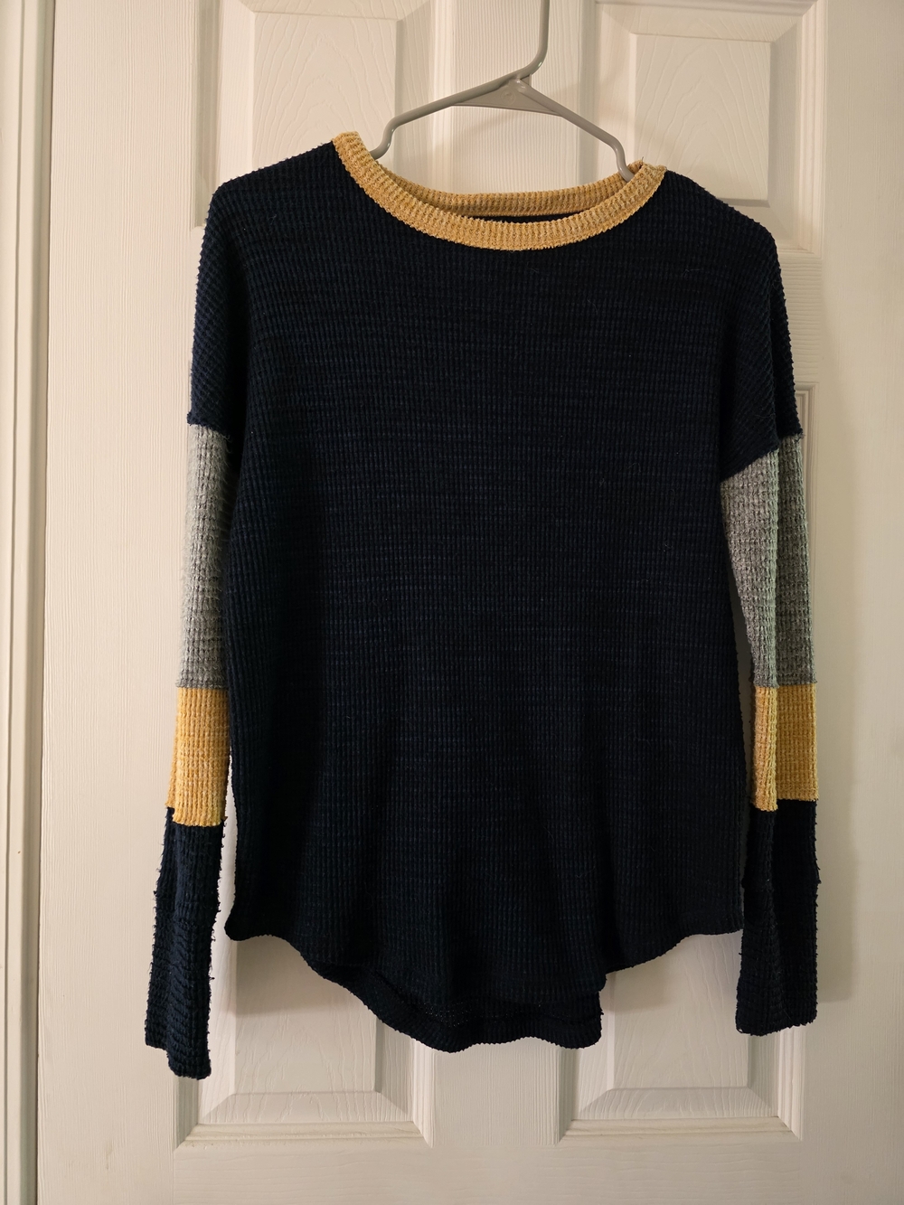 SO Navy Waffle Knit Crewneck Sweater with Mustard and Light Gray Accents